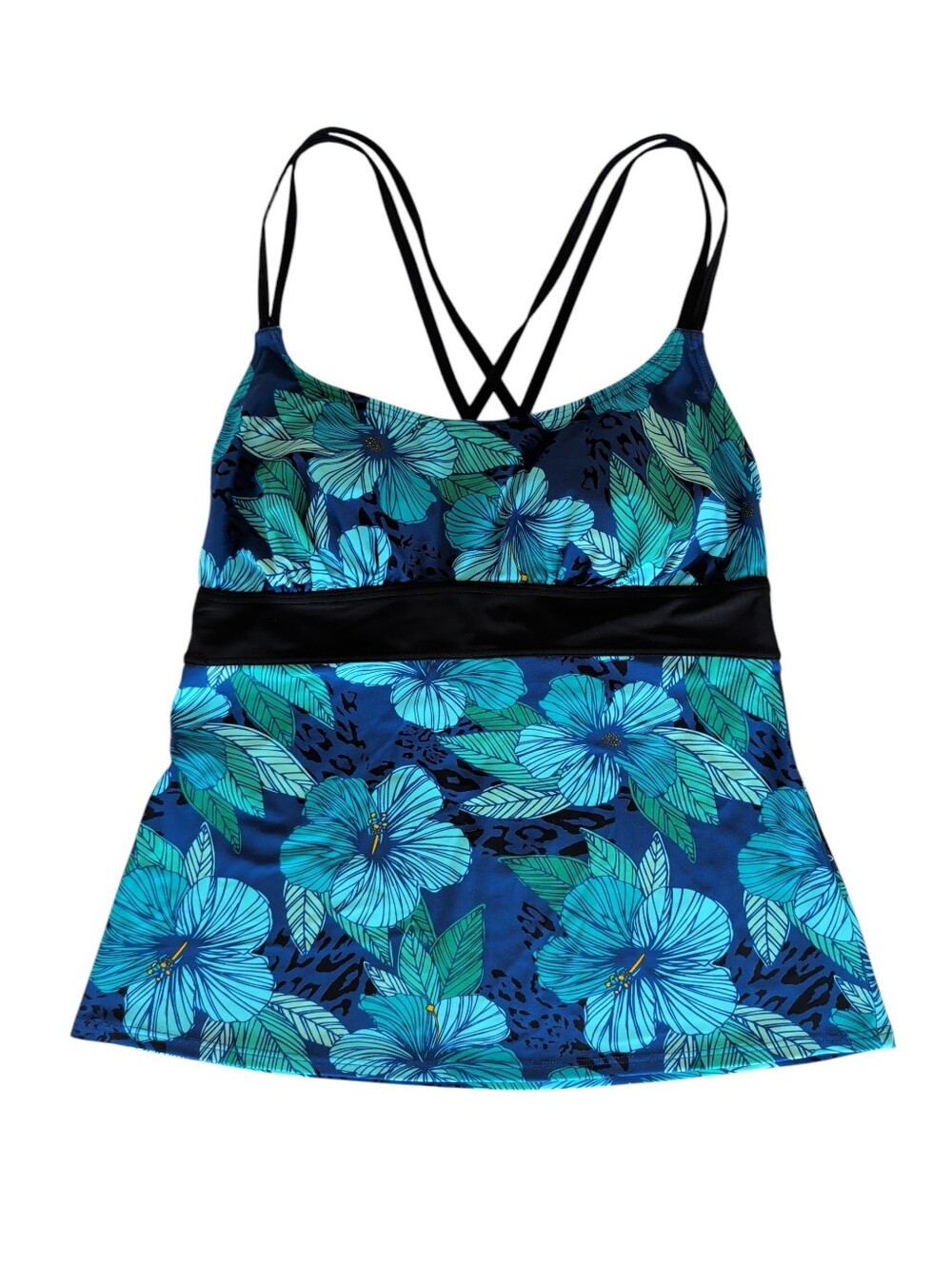 Tropical Escape Double Strap Floral Tankini Swimsuit Top 10 Blue Green